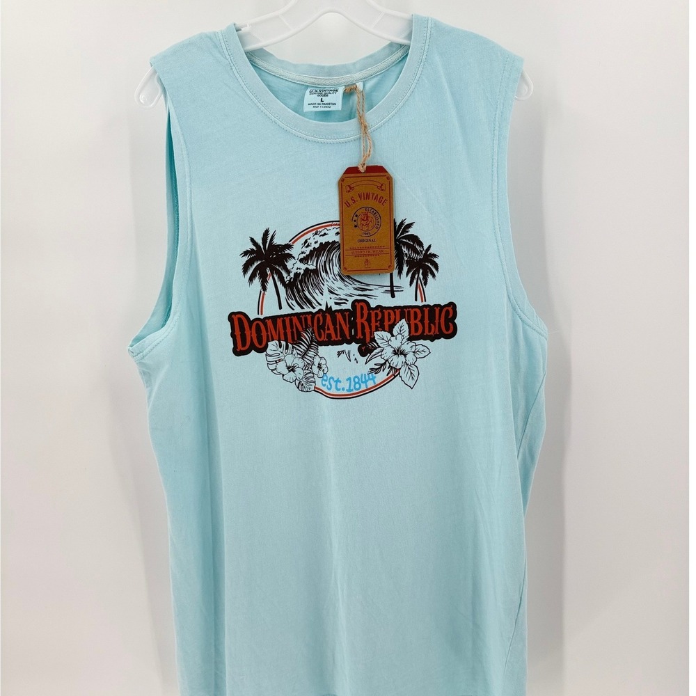 US VINTAGE Dominican Republic Graphic Muscle Tank Top Light Blue Large NWT